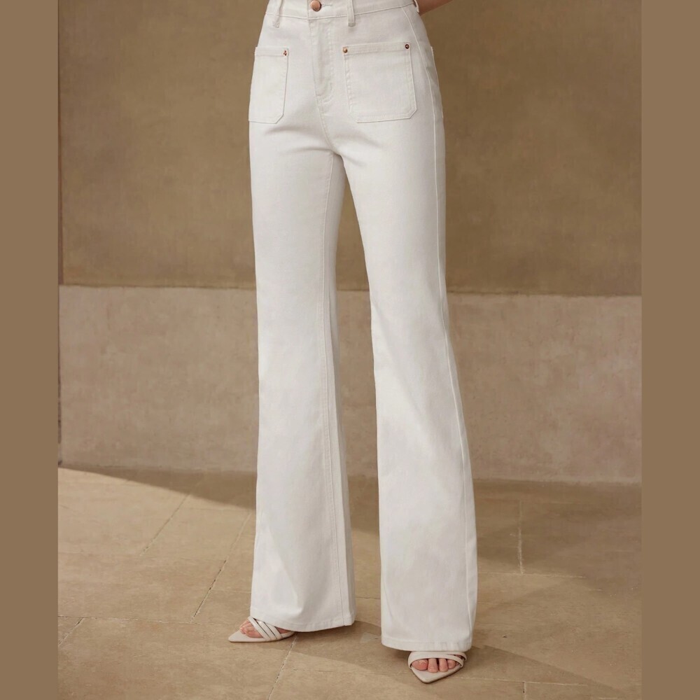 Ivory Denim Flare Jeans with Patch Pockets